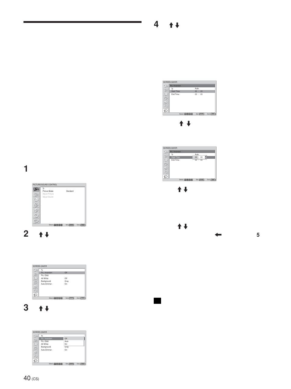 Screen saver（屏幕 保护）功能, 反转图像的色调, 按 menu 键。 主菜单出现在显示器屏幕上 | Screen saver（屏幕保护）功能 | Sony FWD-42PV1 User Manual | Page 320 / 328