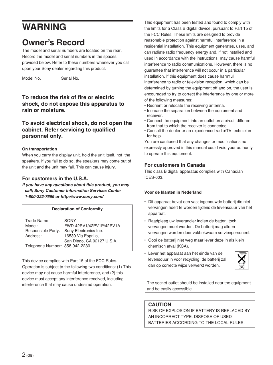 Warning, Owner’s record | Sony FWD-42PV1 User Manual | Page 50 / 328