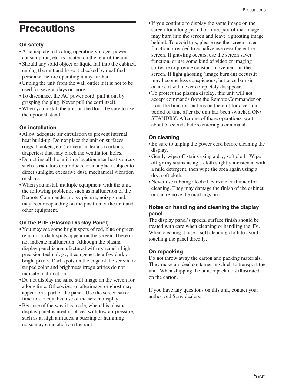 Precautions, Précautions, Sicherheitsmaßnahmen | Precauciones, Precauzioni | Sony FWD-42PV1 User Manual | Page 53 / 328