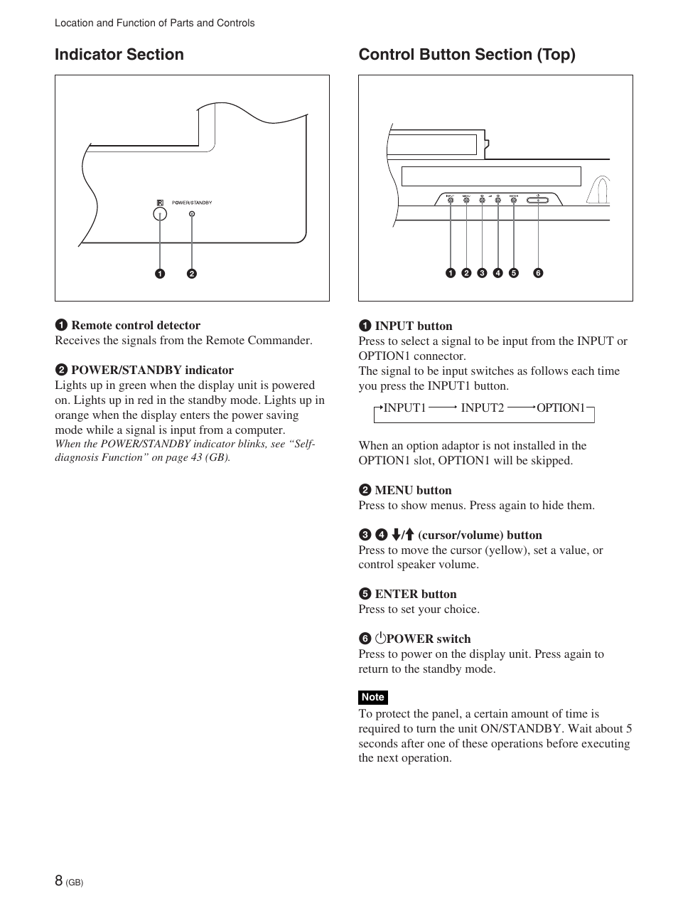 Indicator section, Control button section (top), Section indicateur | Section des touches de commande (haut), Anzeigebereich, Steuertastenbereich (oberseite), Sección de indicadores, Sección de botones de control (parte superior), Sezione indicatore, Sezione tasti di controllo (parte superiore) | Sony FWD-42PV1 User Manual | Page 56 / 328