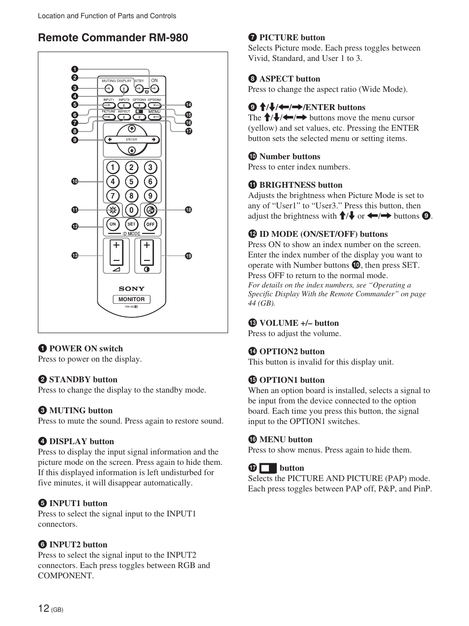 Remote commander rm-980, Télécommande rm-980, Fernbedienung rm-980 | Control remoto rm-980, Telecomando rm-980 | Sony FWD-42PV1 User Manual | Page 60 / 328