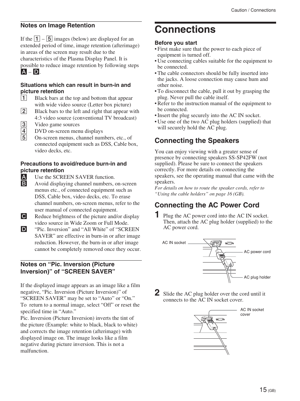 Connections, Connecting the speakers, Connecting the ac power cord | Raccordements, Raccordement des haut-parleurs, Raccordement de la prise d’alimentation secteur, Anschließen des monitors, Anschließen der lautsprecher, Anschließen des netzkabels, Conexiones | Sony FWD-42PV1 User Manual | Page 63 / 328
