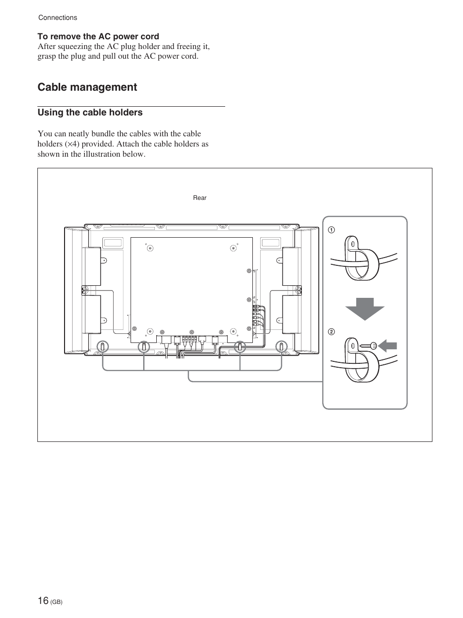 Cable management, Gestion des câbles, Umgang mit den kabeln | Administración de cables, Sistemazione dei cavi | Sony FWD-42PV1 User Manual | Page 64 / 328