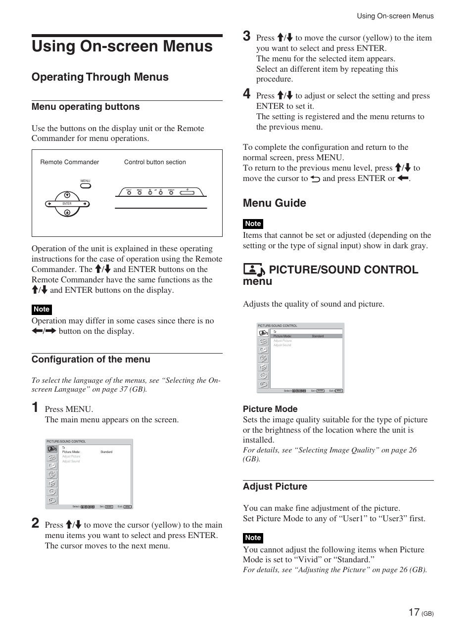 Using on-screen menus, Operating through menus, Menu guide | Utilisation des menus d’affichage, Exploitation des menus, Guide de menu, Die bildschirmmenüs, Arbeiten mit den menüs, Übersicht über die menüs, Uso de los menús en pantalla | Sony FWD-42PV1 User Manual | Page 65 / 328