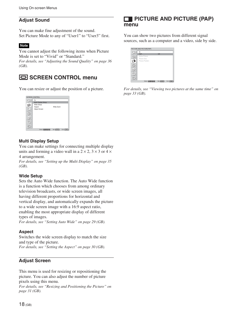 Screen control menu, Picture and picture (pap) menu, Adjust sound | Adjust screen, You can resize or adjust the position of a picture | Sony FWD-42PV1 User Manual | Page 66 / 328