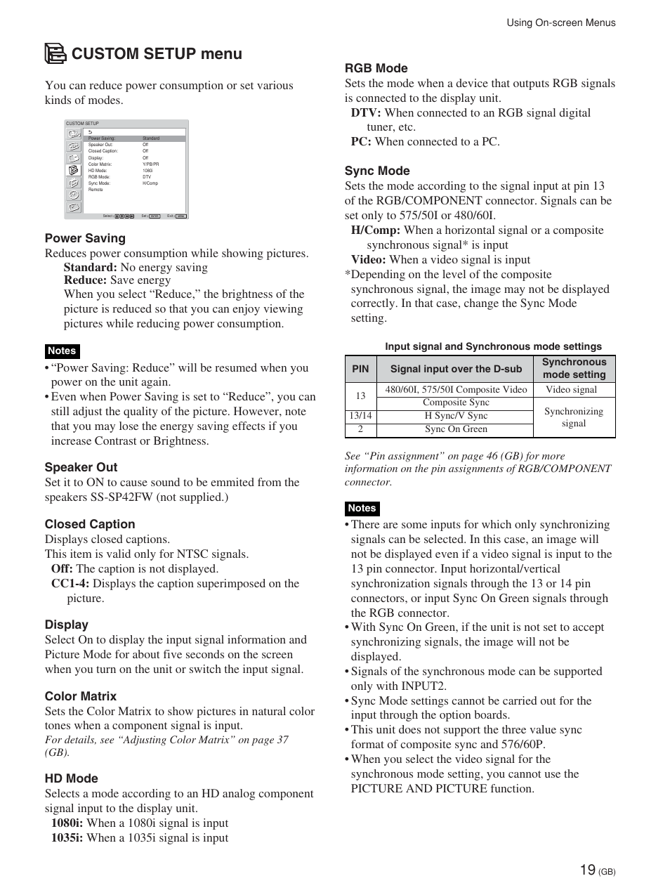 Custom setup menu | Sony FWD-42PV1 User Manual | Page 67 / 328