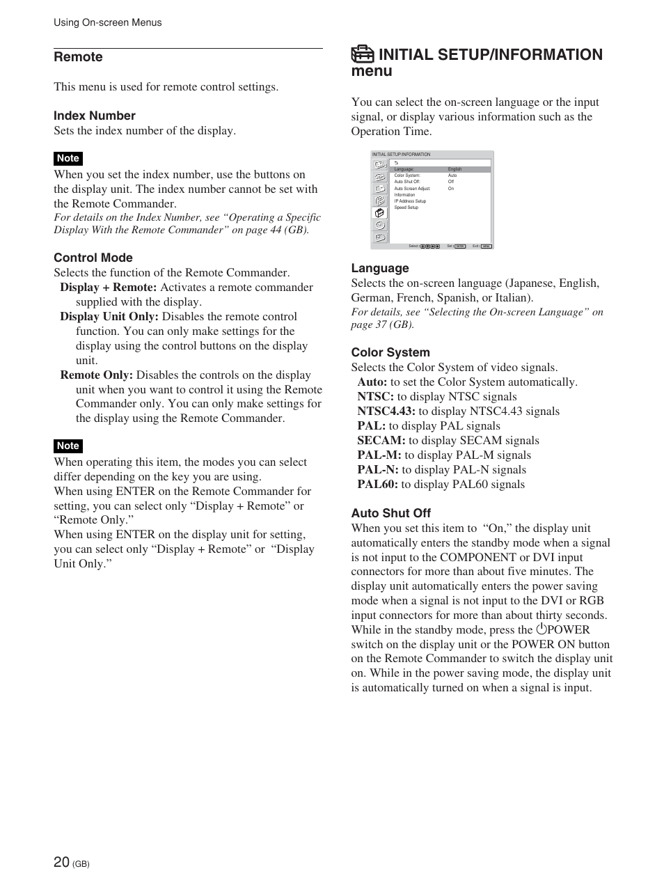 Initial setup/information menu, Remote | Sony FWD-42PV1 User Manual | Page 68 / 328