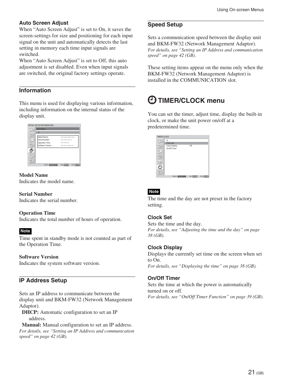 Timer/clock menu, Information, Ip address setup | Speed setup | Sony FWD-42PV1 User Manual | Page 69 / 328