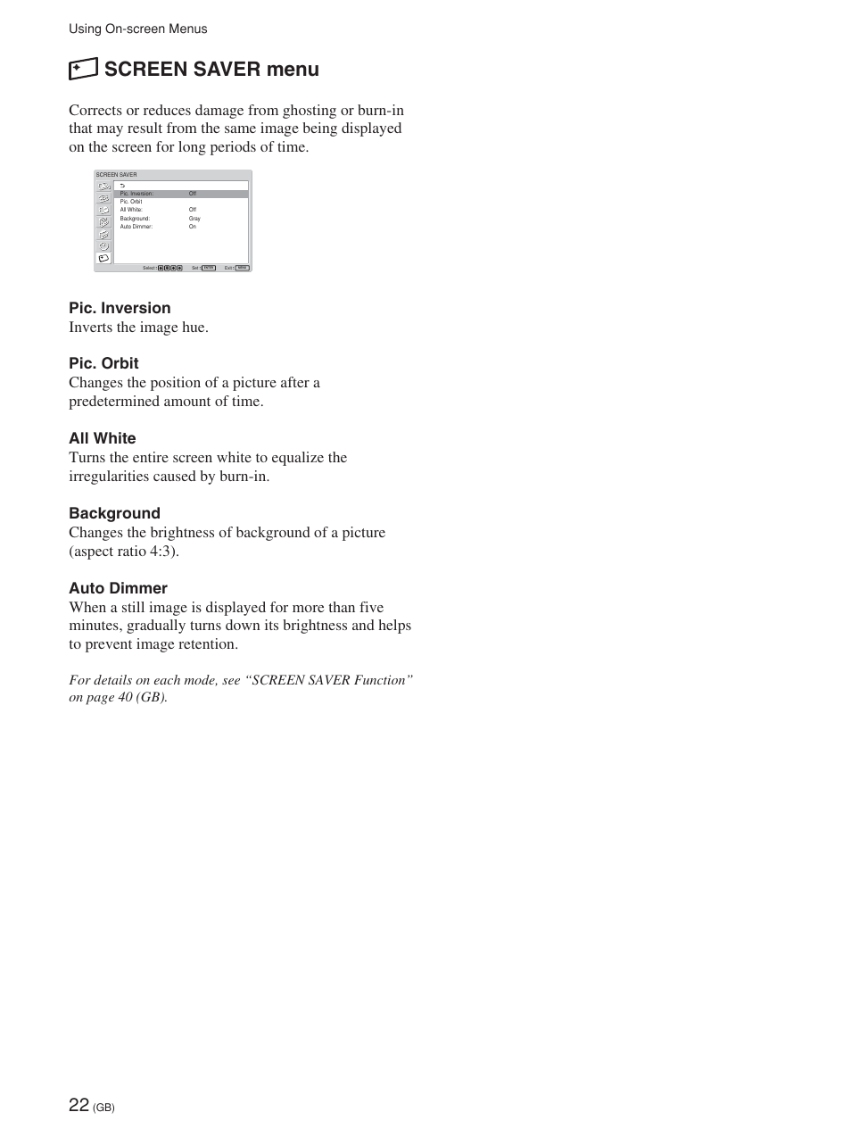 Screen saver menu, Using on-screen menus | Sony FWD-42PV1 User Manual | Page 70 / 328