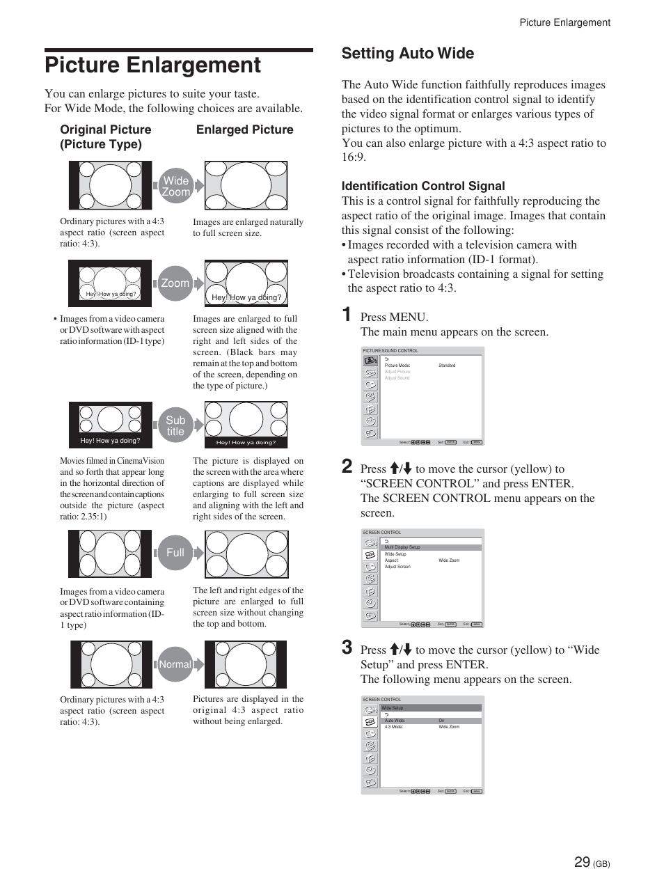 Picture enlargement, Setting auto wide, Agrandissement de l’image | Bildvergrößerung, Einstellen der automatischen breitbildfunktion, Ampliación de imágenes, Ajuste panorámico auto, Ingrandimento dell’immagine, Press menu. the main menu appears on the screen, Wide zoom | Sony FWD-42PV1 User Manual | Page 77 / 328