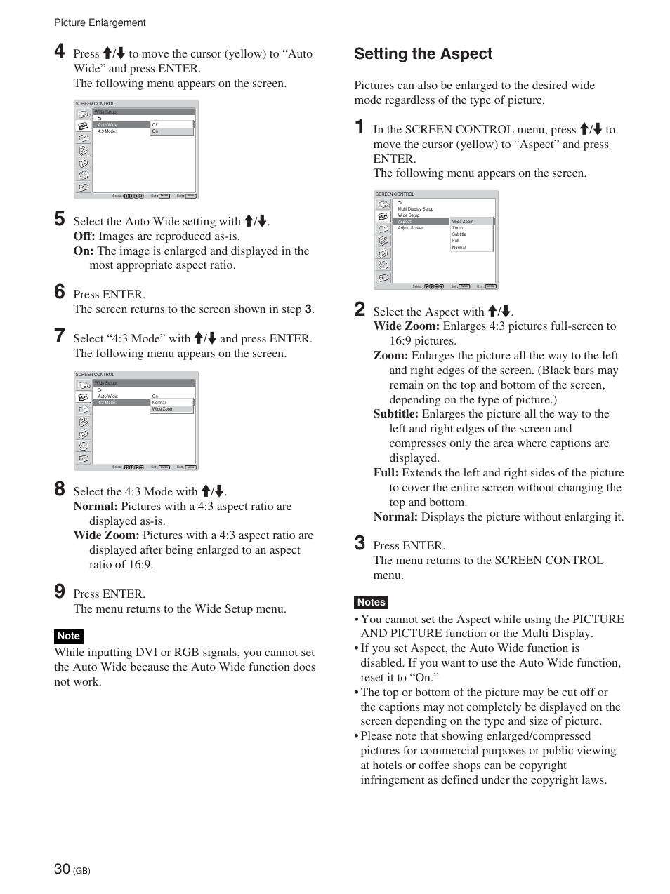 Setting the aspect, Réglage du grand format automatique, Einstellen des breitbildmodus | Ajuste del modo panorámico, Impostazione di auto wide | Sony FWD-42PV1 User Manual | Page 78 / 328