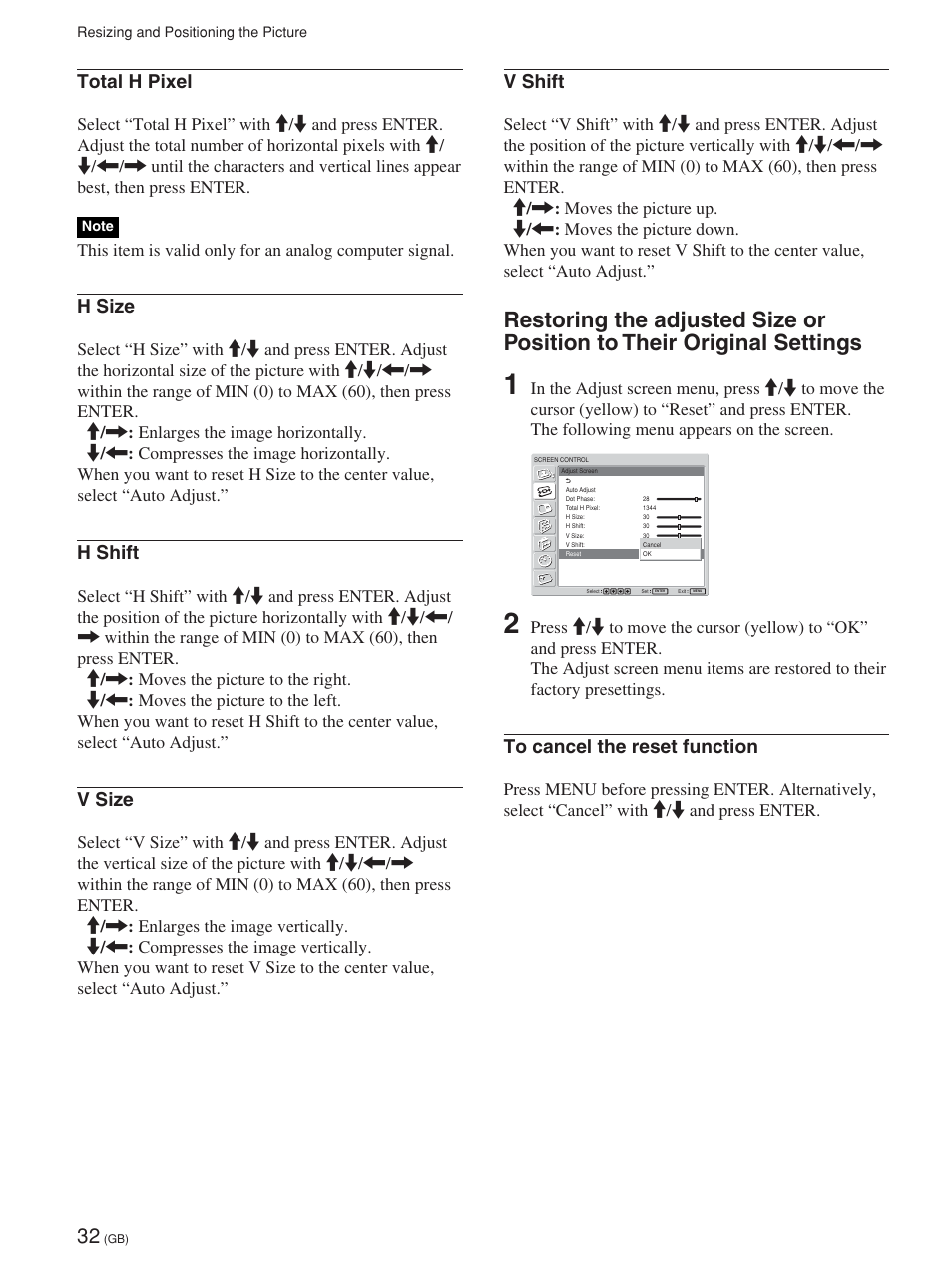 Redimensionnement et positionnement de l’image, Total h pixel, H size | H shift, V size, V shift | Sony FWD-42PV1 User Manual | Page 80 / 328