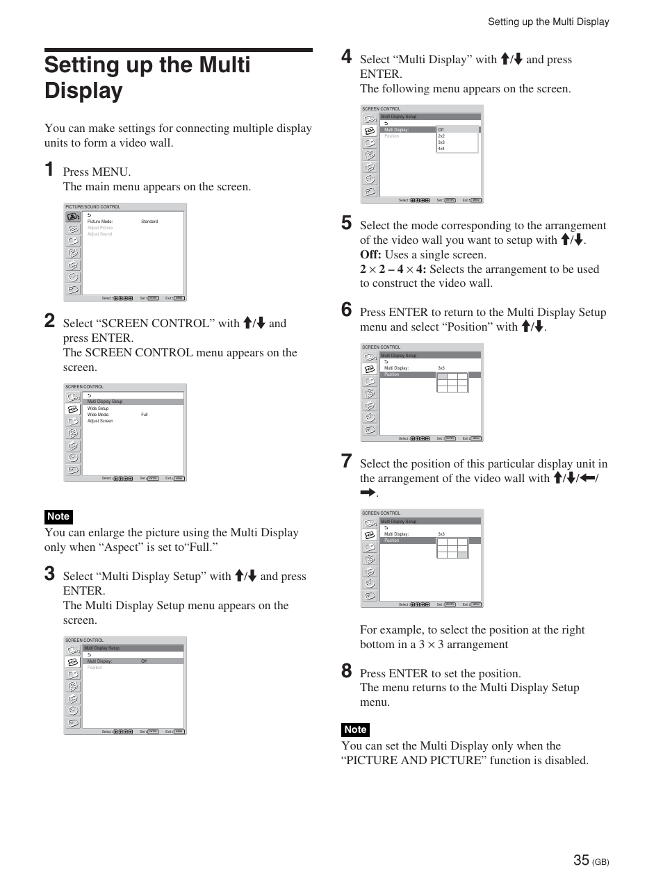 Setting up the multi display, Zoom avant sur une image, Konfigurieren der mehrbildanzeige | Configuración de pantalla múltiple, Impostazione del display multiplo, Press menu. the main menu appears on the screen | Sony FWD-42PV1 User Manual | Page 83 / 328