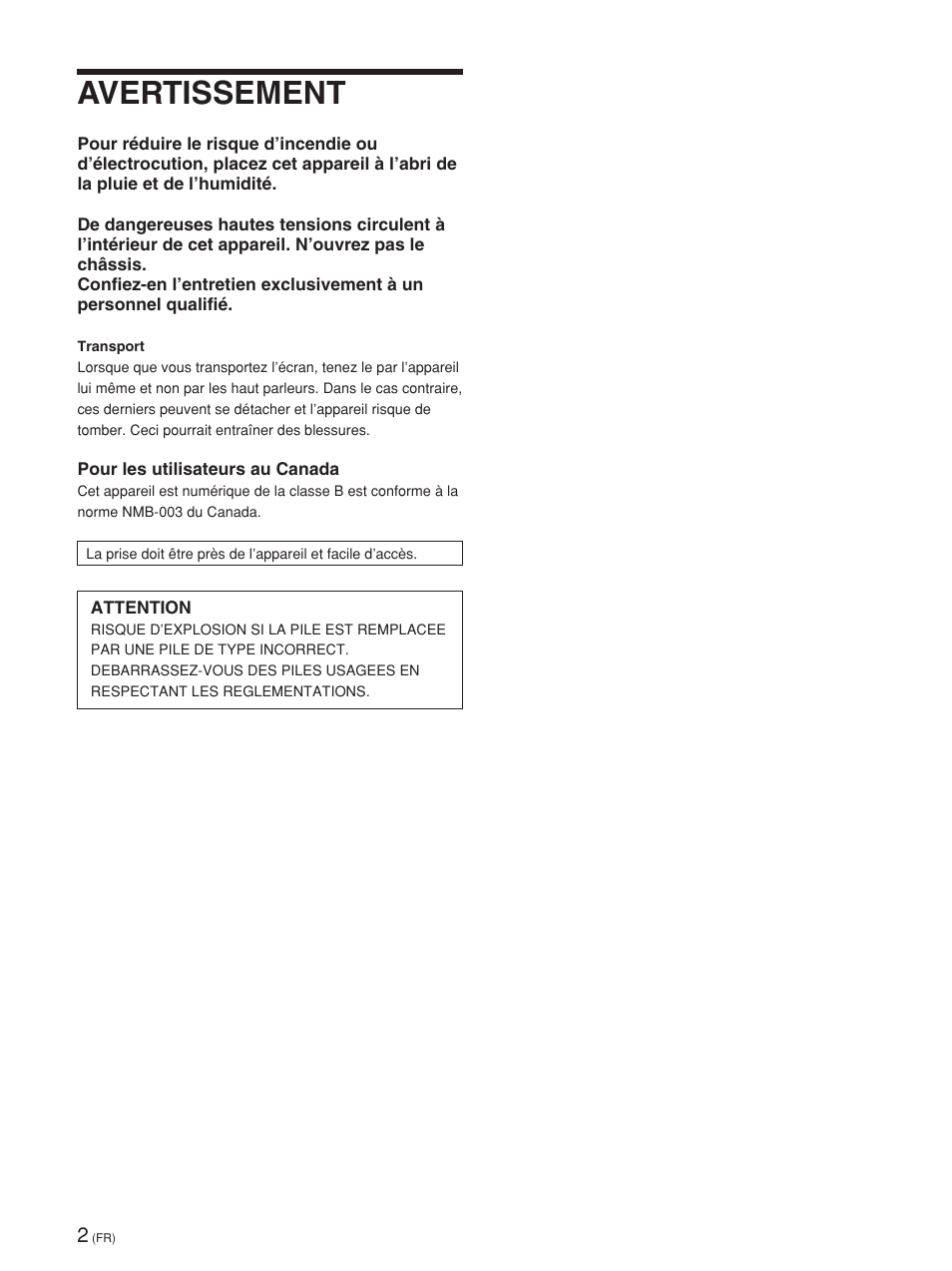Spécifications, Avertissement | Sony FWD-42PV1 User Manual | Page 96 / 328