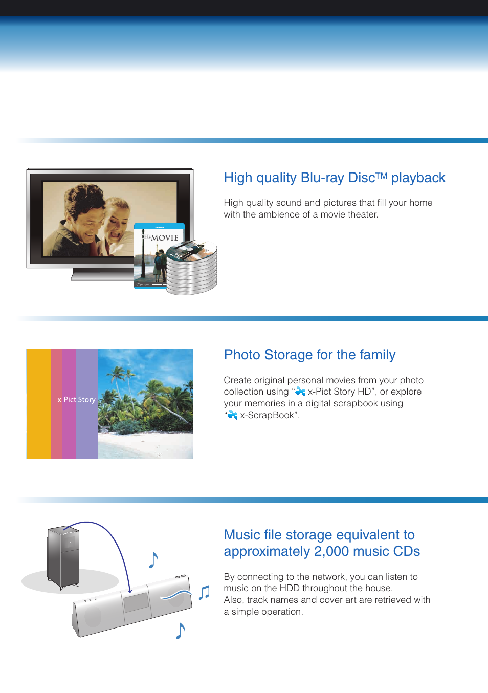 High quality blu-ray disc, Photo storage for the family | Sony HES-V1000 User Manual | Page 3 / 12