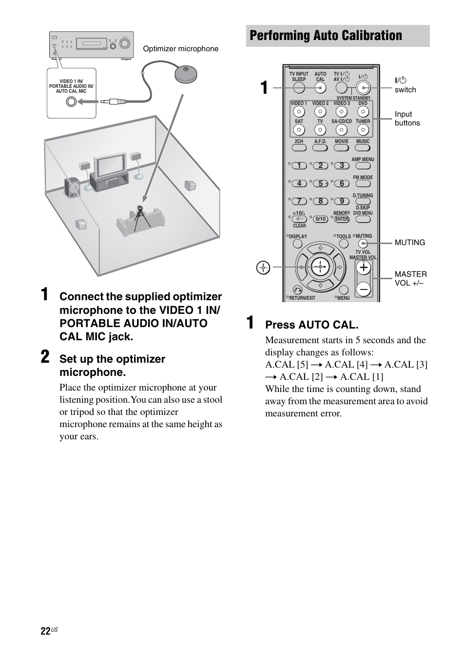 Performing auto calibration, Set up the optimizer microphone, Press auto cal | Sony HT-DDW795 User Manual | Page 22 / 60