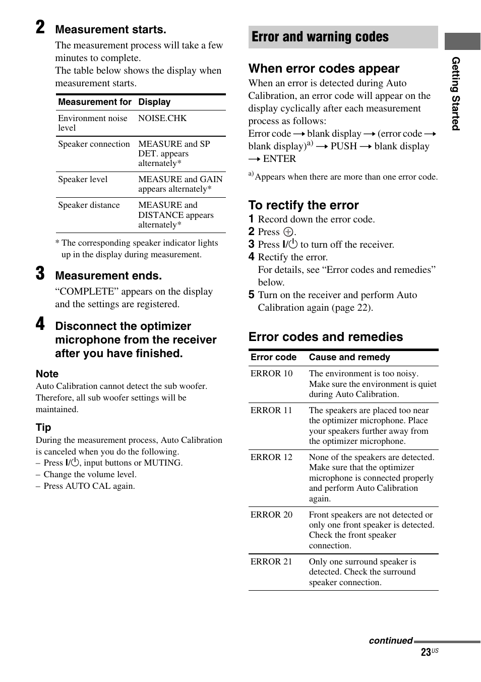 Error and warning codes, When error codes appear, Error codes and remedies | Sony HT-DDW795 User Manual | Page 23 / 60