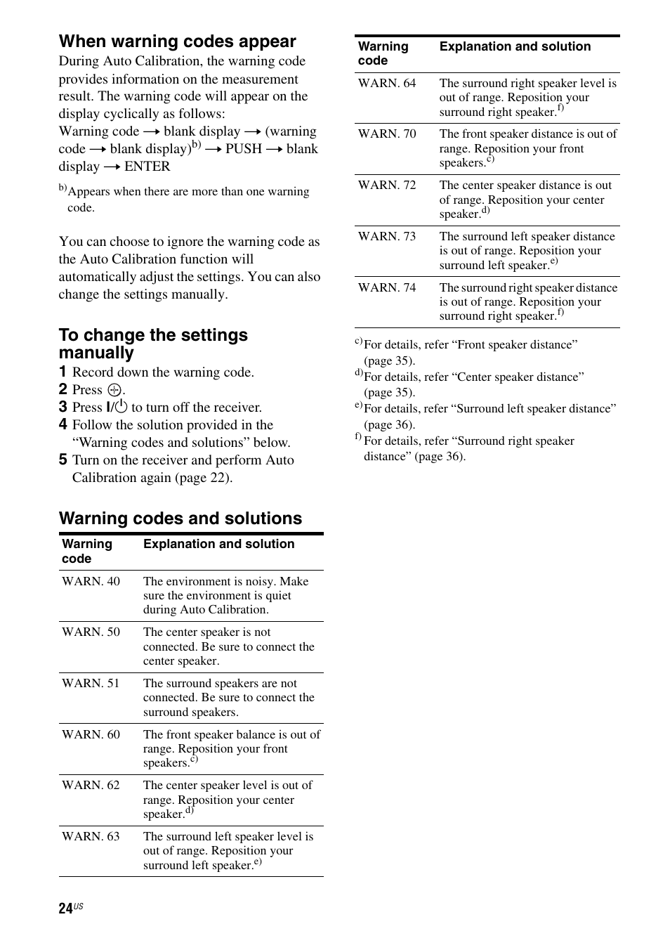 When warning codes appear, Warning codes and solutions | Sony HT-DDW795 User Manual | Page 24 / 60