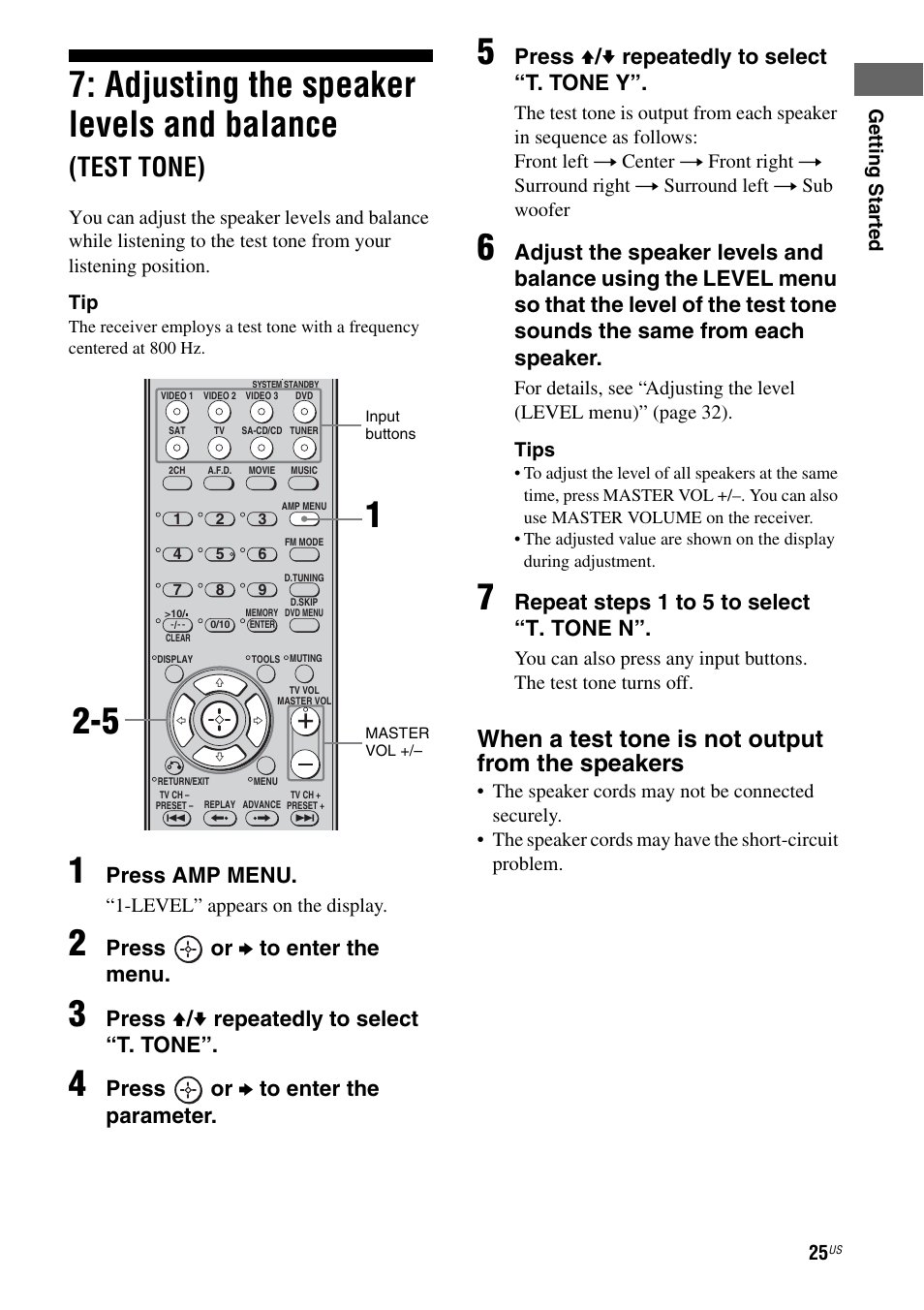 Adjusting the speaker levels and, Balance (test tone), E 25 | Adjusting the speaker levels and balance, Test tone), When a test tone is not output from the speakers, Press amp menu, Press or b to enter the menu, Press v / v repeatedly to select “t. tone, Press or b to enter the parameter | Sony HT-DDW795 User Manual | Page 25 / 60