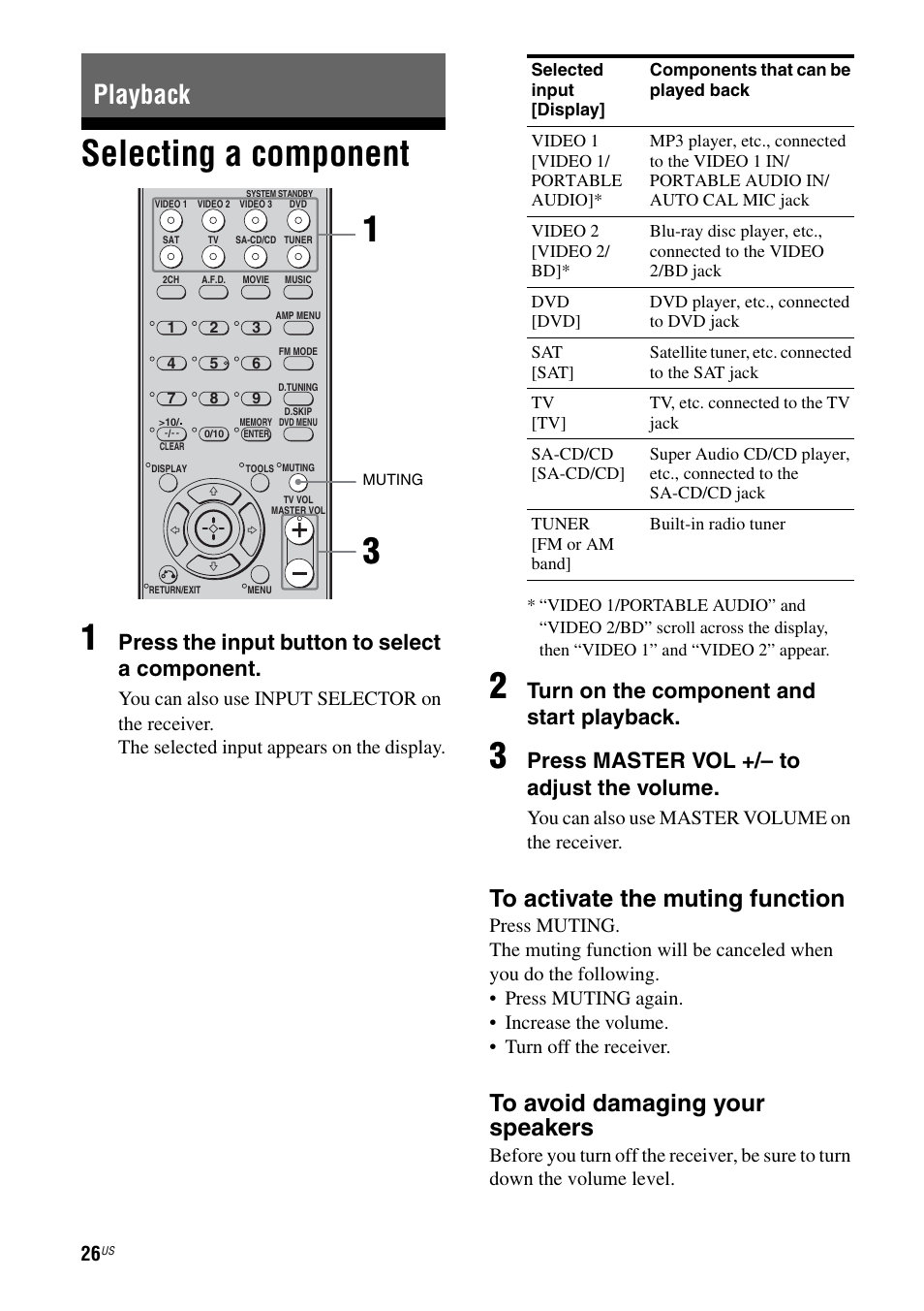 Playback, Selecting a component, Selecting a component 1 | Press the input button to select a component, Turn on the component and start playback, Press master vol +/– to adjust the volume, You can also use master volume on the receiver | Sony HT-DDW795 User Manual | Page 26 / 60