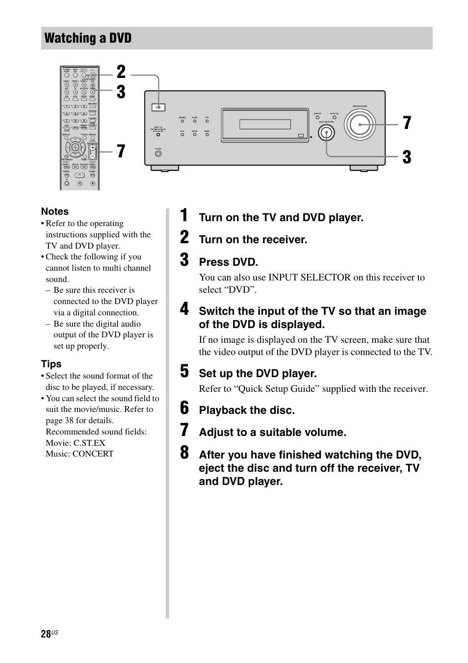 Watching a dvd, Turn on the tv and dvd player, Turn on the receiver | Press dvd, Set up the dvd player, Playback the disc, Adjust to a suitable volume, Tips | Sony HT-DDW795 User Manual | Page 28 / 60