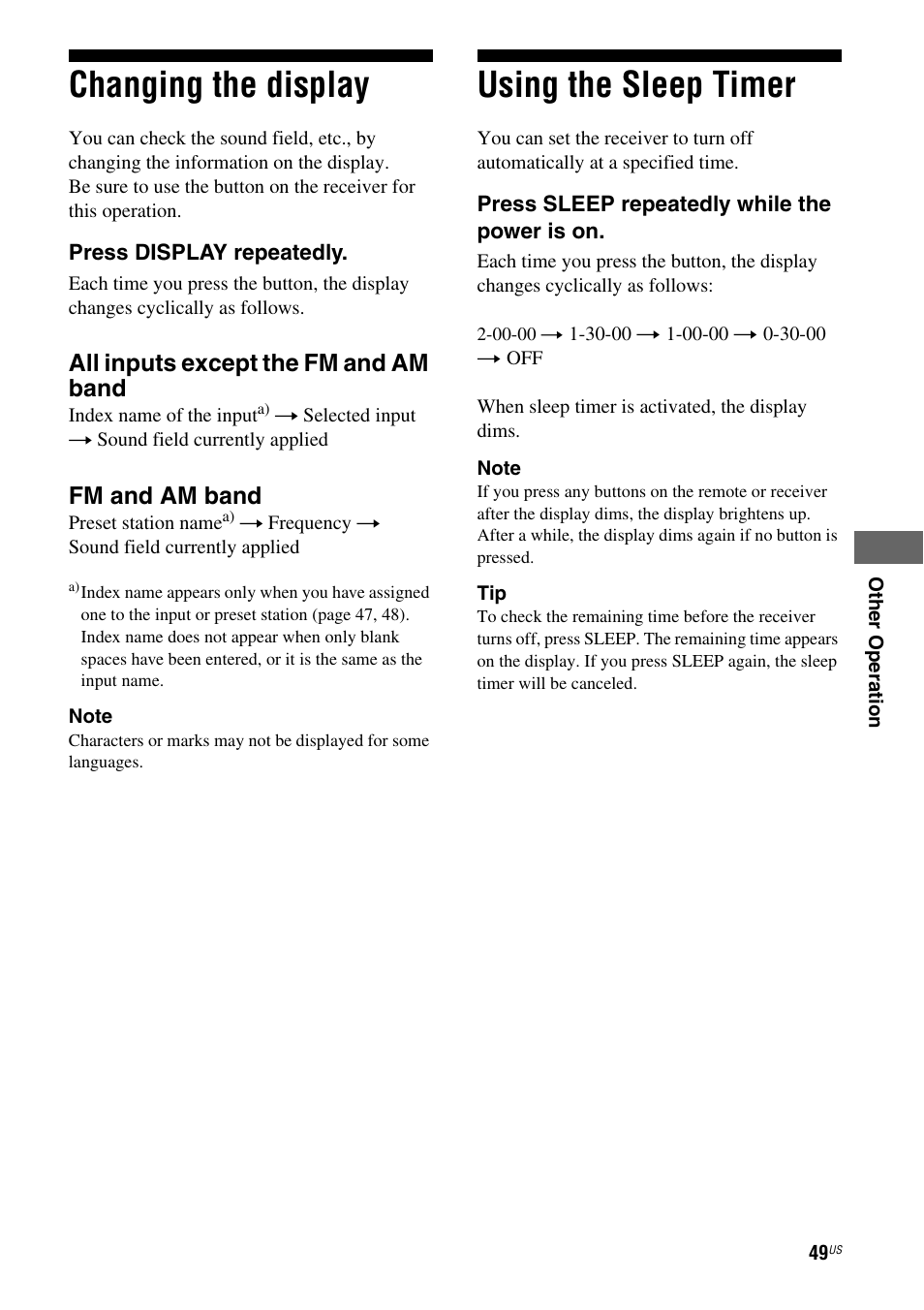 Changing the display, Using the sleep timer, Changing the display using the sleep timer | All inputs except the fm and am band, Fm and am band | Sony HT-DDW795 User Manual | Page 49 / 60