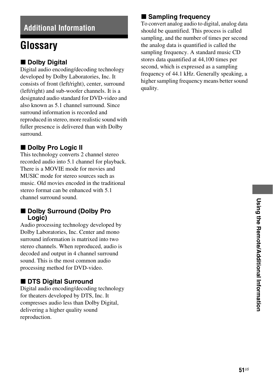 Additional information, Glossary | Sony HT-DDW795 User Manual | Page 51 / 60