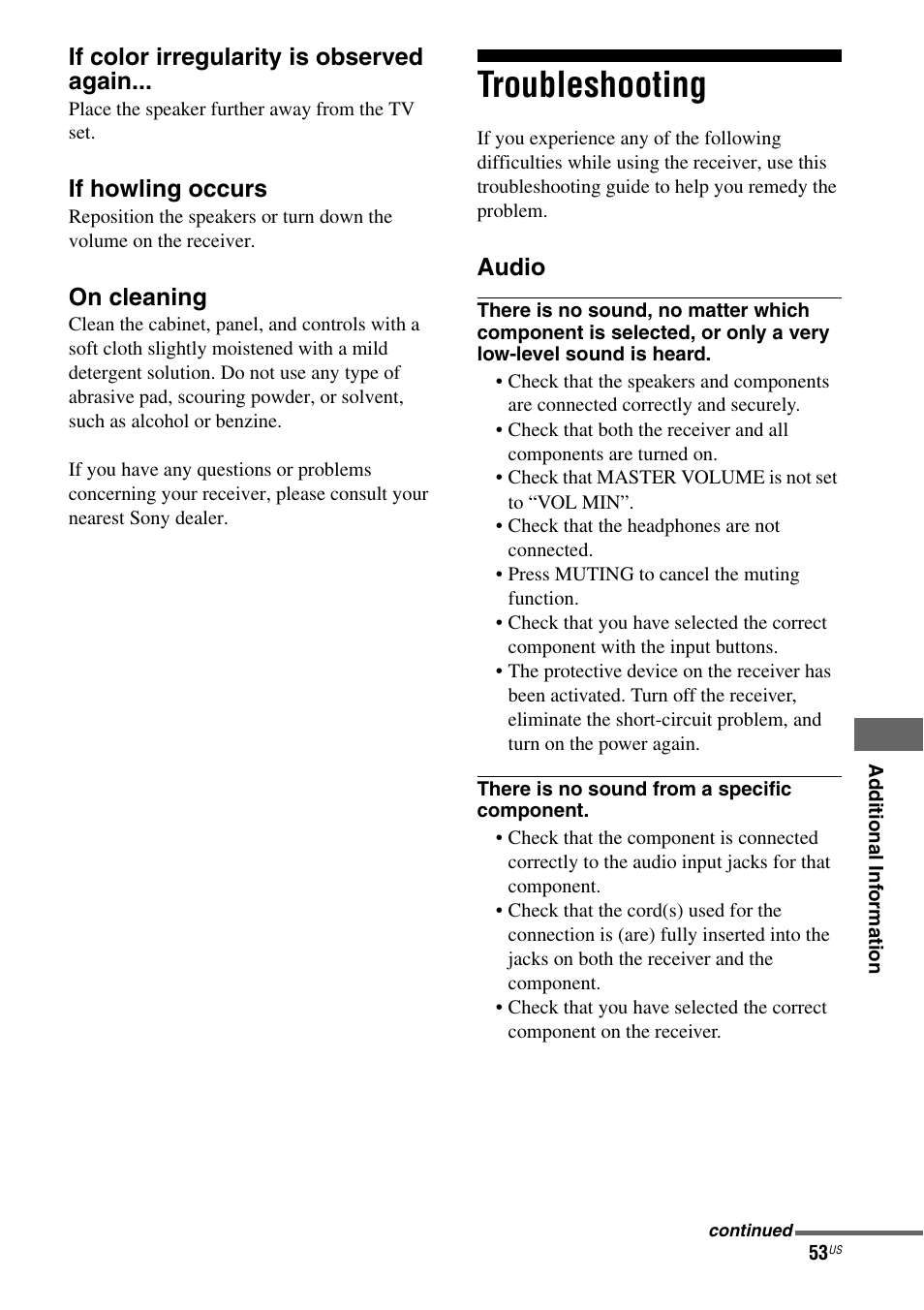 Troubleshooting, If color irregularity is observed again, If howling occurs | On cleaning, Audio | Sony HT-DDW795 User Manual | Page 53 / 60