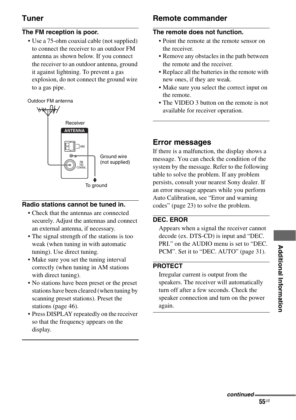 Tuner, Remote commander, Error messages | Sony HT-DDW795 User Manual | Page 55 / 60