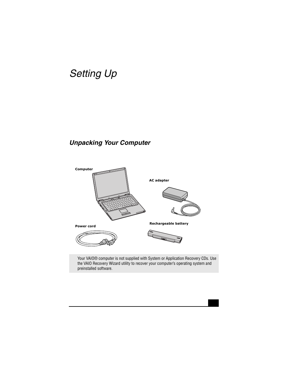 Setting up, Unpacking your computer | Sony VGN-S380P User Manual | Page 13 / 44