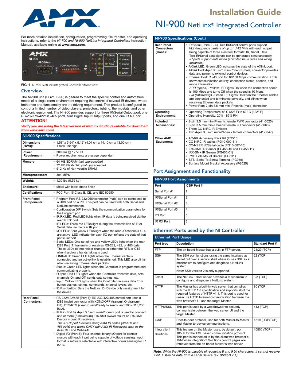 AMX NetLinx Integrated Controller NI-900 User Manual | 2 pages