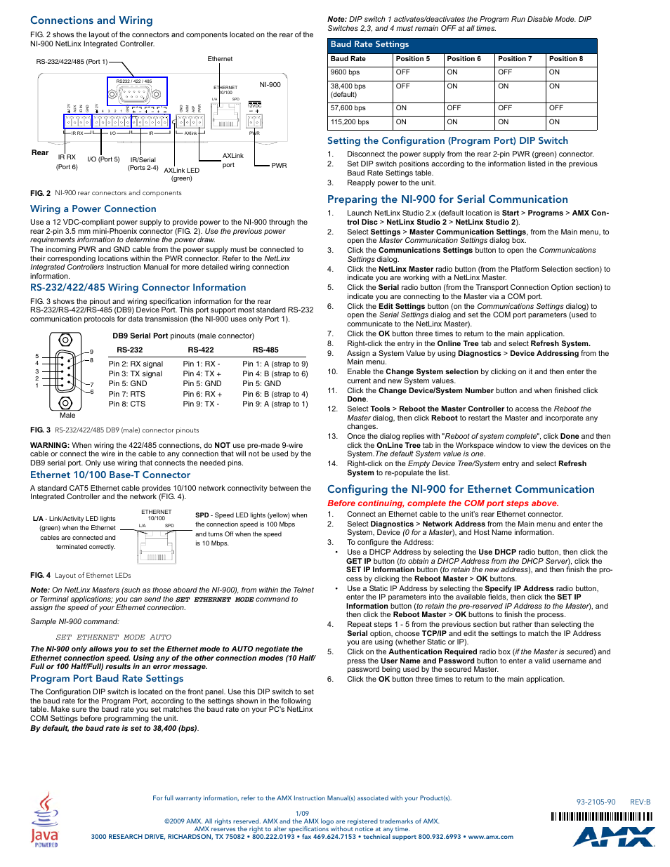 Connections and wiring, Wiring a power connection, Rs-232/422/485 wiring connector information | Ethernet 10/100 base-t connector, Program port baud rate settings, Preparing the ni-900 for serial communication, Configuring the ni-900 for ethernet communication | AMX NetLinx Integrated Controller NI-900 User Manual | Page 2 / 2