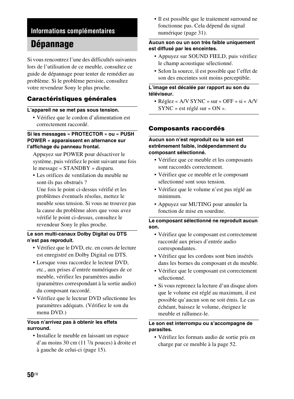 Informations complémentaires, Dépannage | Sony RHT-G800 User Manual | Page 100 / 160