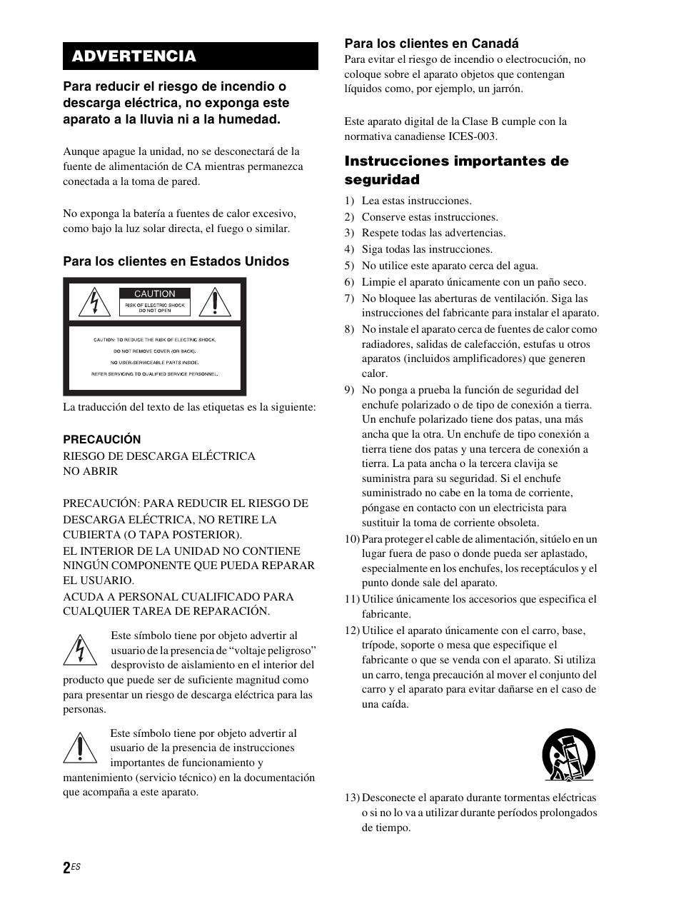 Advertencia | Sony RHT-G800 User Manual | Page 106 / 160