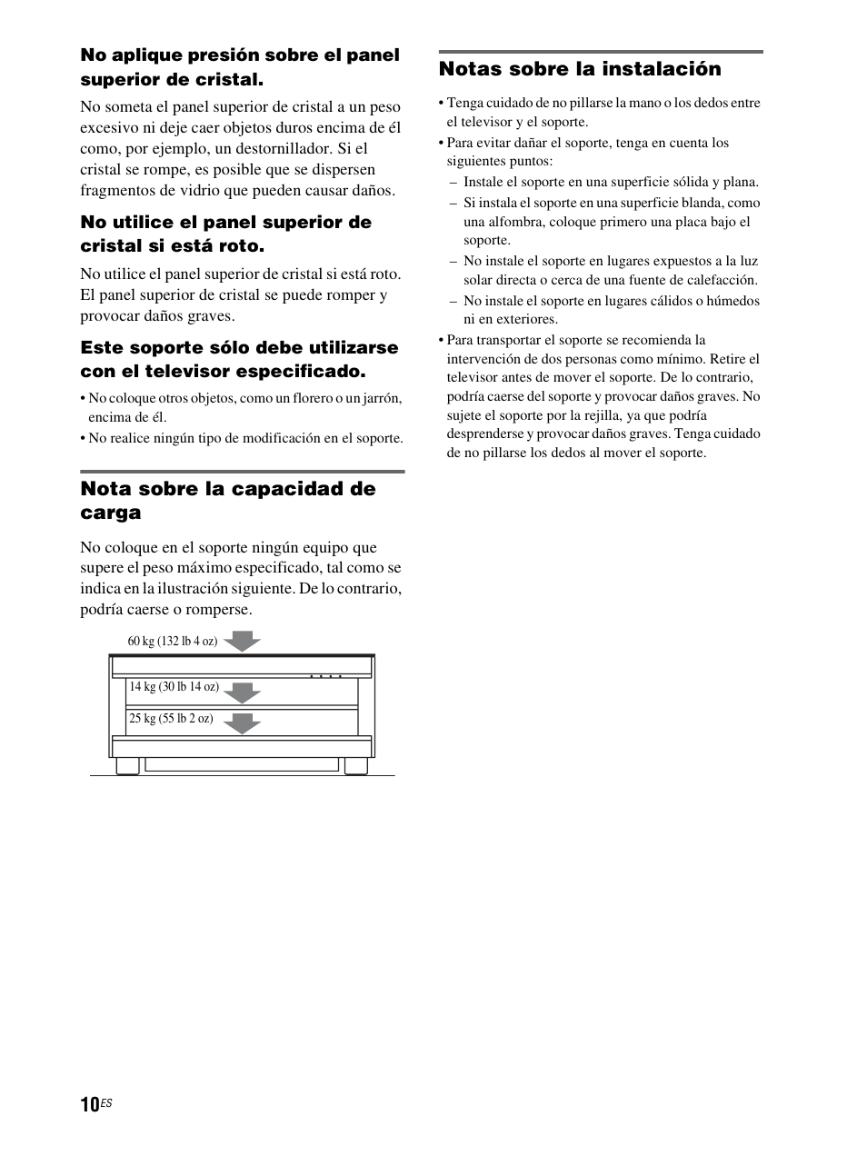 Nota sobre la capacidad de carga, Notas sobre la instalación | Sony RHT-G800 User Manual | Page 114 / 160