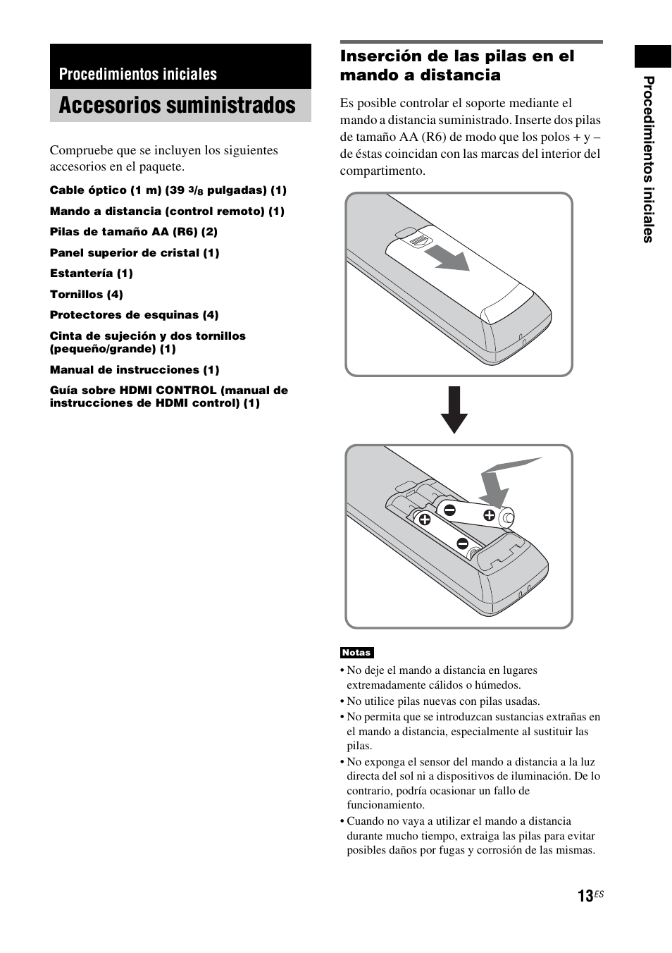 Procedimientos iniciales, Accesorios suministrados, Inserción de las pilas en el mando a distancia | Sony RHT-G800 User Manual | Page 117 / 160