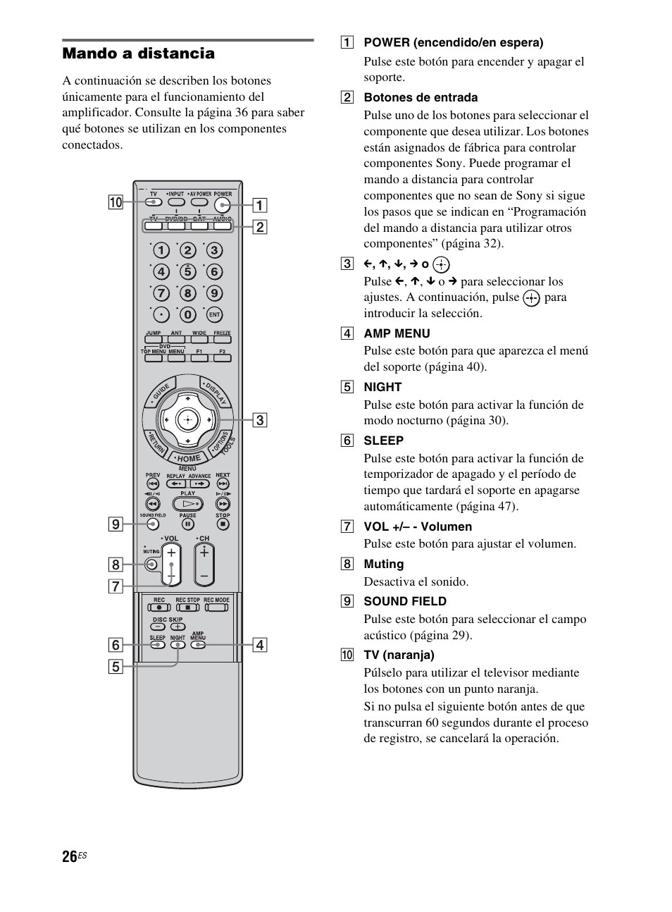 Mando a distancia, Pulse este botón para encender y apagar el soporte, Pulse este botón para ajustar el volumen | Desactiva el sonido, A power (encendido/en espera), B botones de entrada, C c , x , x , c o, D amp menu, E night, F sleep | Sony RHT-G800 User Manual | Page 130 / 160