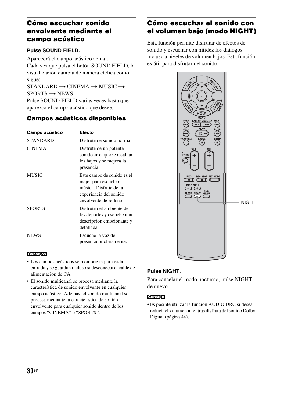 Campos acústicos disponibles, Pulse sound field, Pulse night | Sony RHT-G800 User Manual | Page 134 / 160