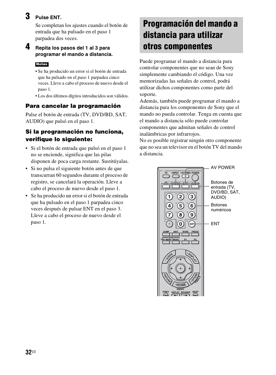 Programación del mando a distancia, Para utilizar otros componentes, Para cancelar la programación | Pulse ent | Sony RHT-G800 User Manual | Page 136 / 160