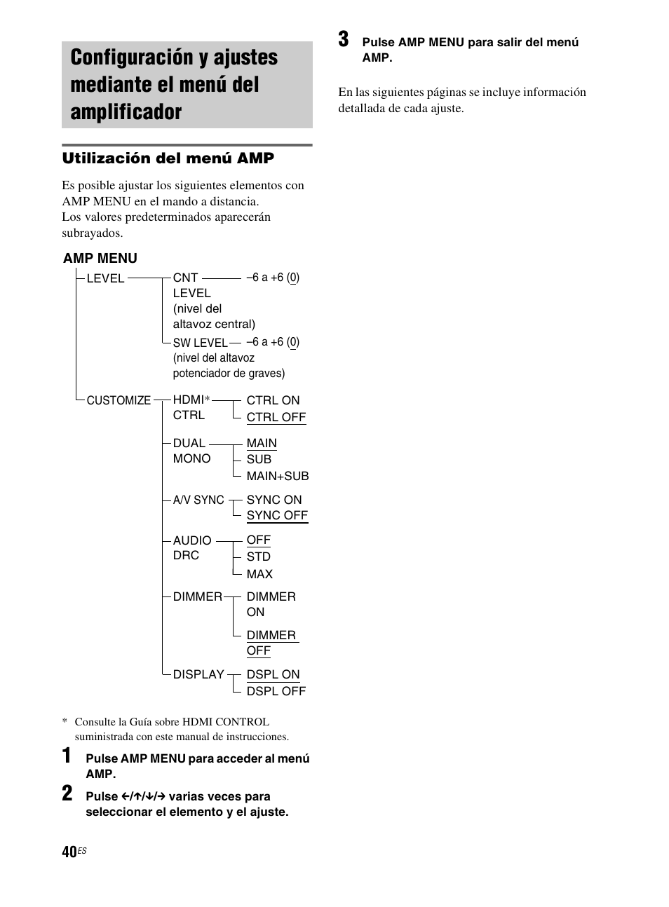 Configuración y ajustes mediante el, Menú del amplificador | Sony RHT-G800 User Manual | Page 144 / 160