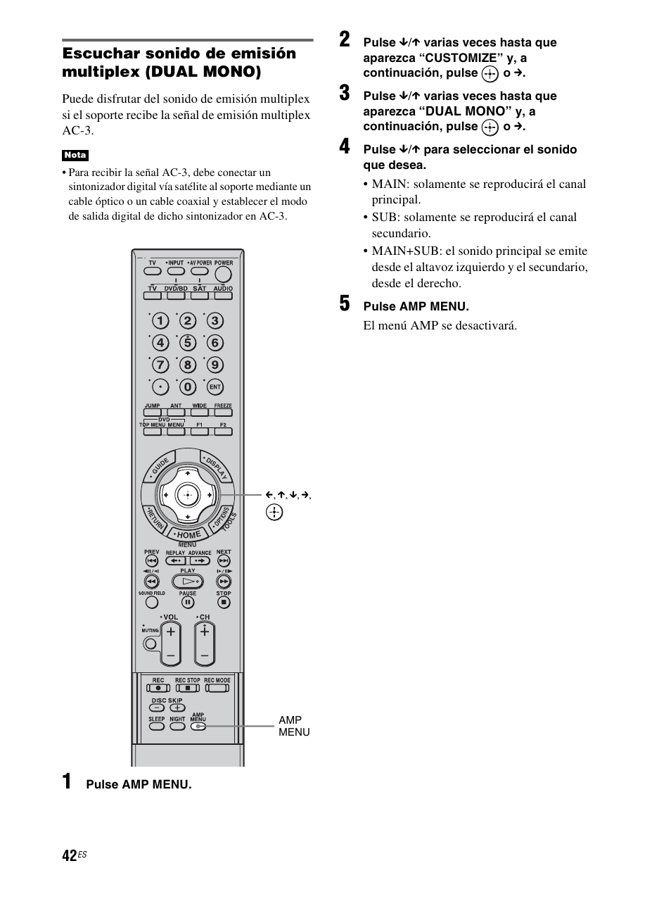 Escuchar sonido de emisión multiplex (dual mono), Dual mono, El menú amp se desactivará | Sony RHT-G800 User Manual | Page 146 / 160