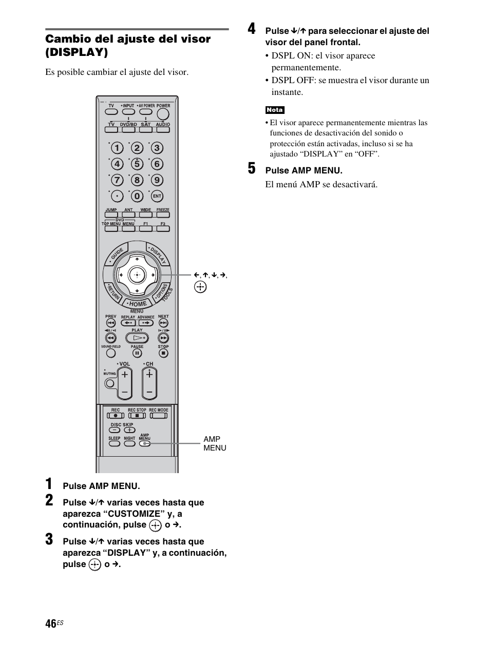 Cambio del ajuste del visor (display), Es posible cambiar el ajuste del visor, El menú amp se desactivará | Sony RHT-G800 User Manual | Page 150 / 160