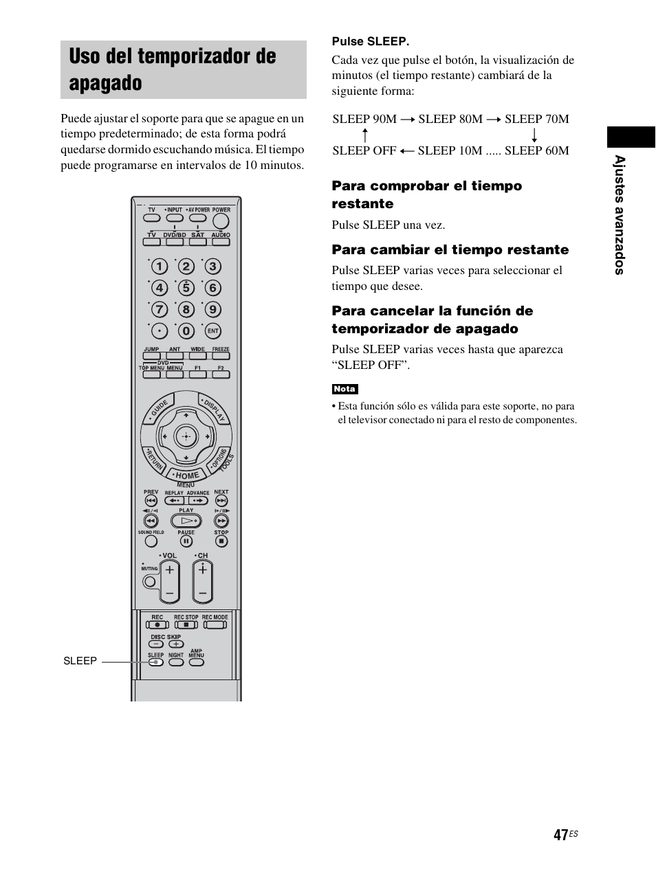 Uso del temporizador de apagado, P (47), Para comprobar el tiempo restante | Para cambiar el tiempo restante, Pulse sleep una vez, Pulse sleep | Sony RHT-G800 User Manual | Page 151 / 160