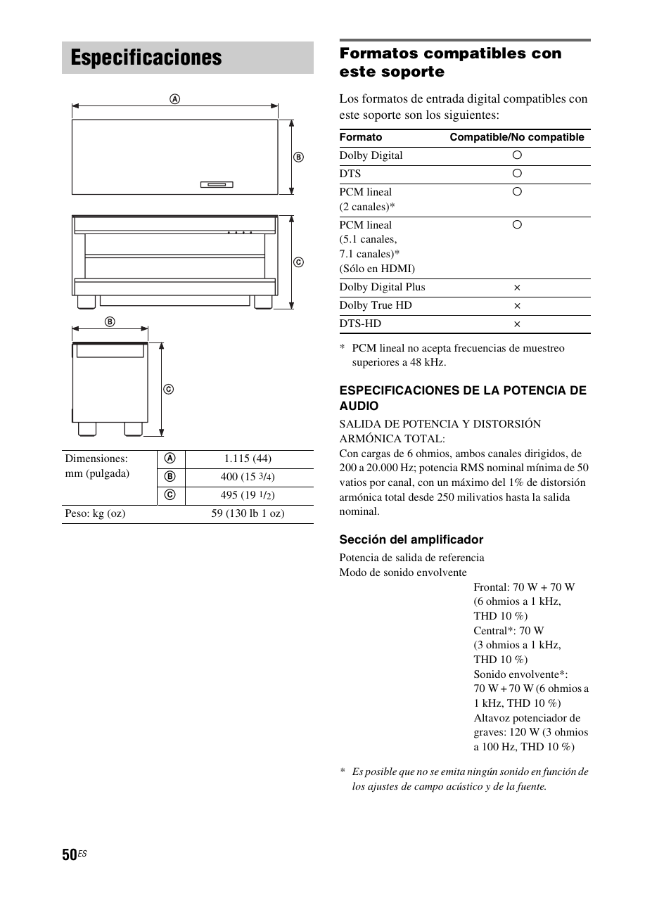 Especificaciones, Formatos compatibles con este soporte | Sony RHT-G800 User Manual | Page 154 / 160