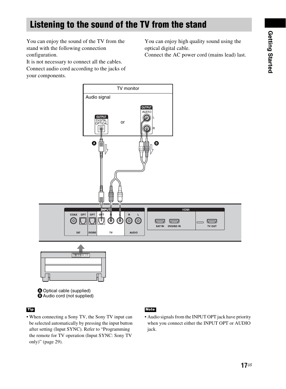 Listening to the sound of the tv from the stand, Listening to the sound of the tv from the, Stand | Sony RHT-G800 User Manual | Page 17 / 160