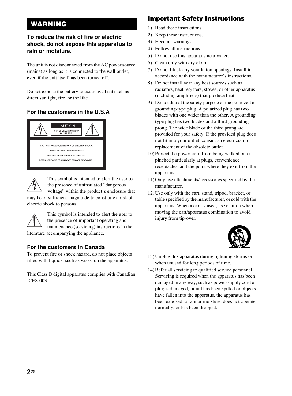 Warning | Sony RHT-G800 User Manual | Page 2 / 160