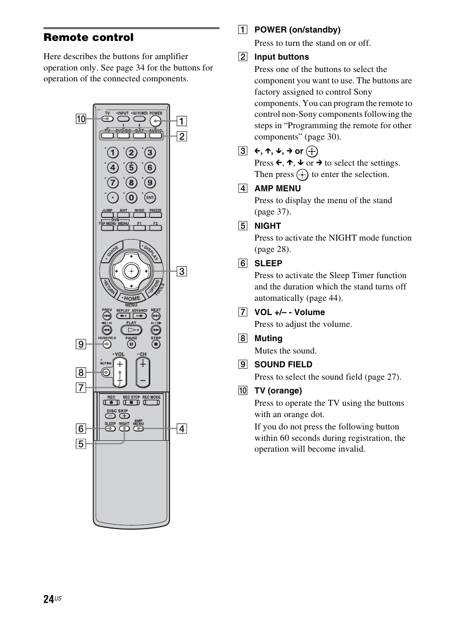Remote control, Press to turn the stand on or off, Press to display the menu of the stand (page 37) | Press to adjust the volume, Mutes the sound, Press to select the sound fiel d (page 27), A power (on/standby), B input buttons, C c , x , x , c or, D amp menu | Sony RHT-G800 User Manual | Page 24 / 160