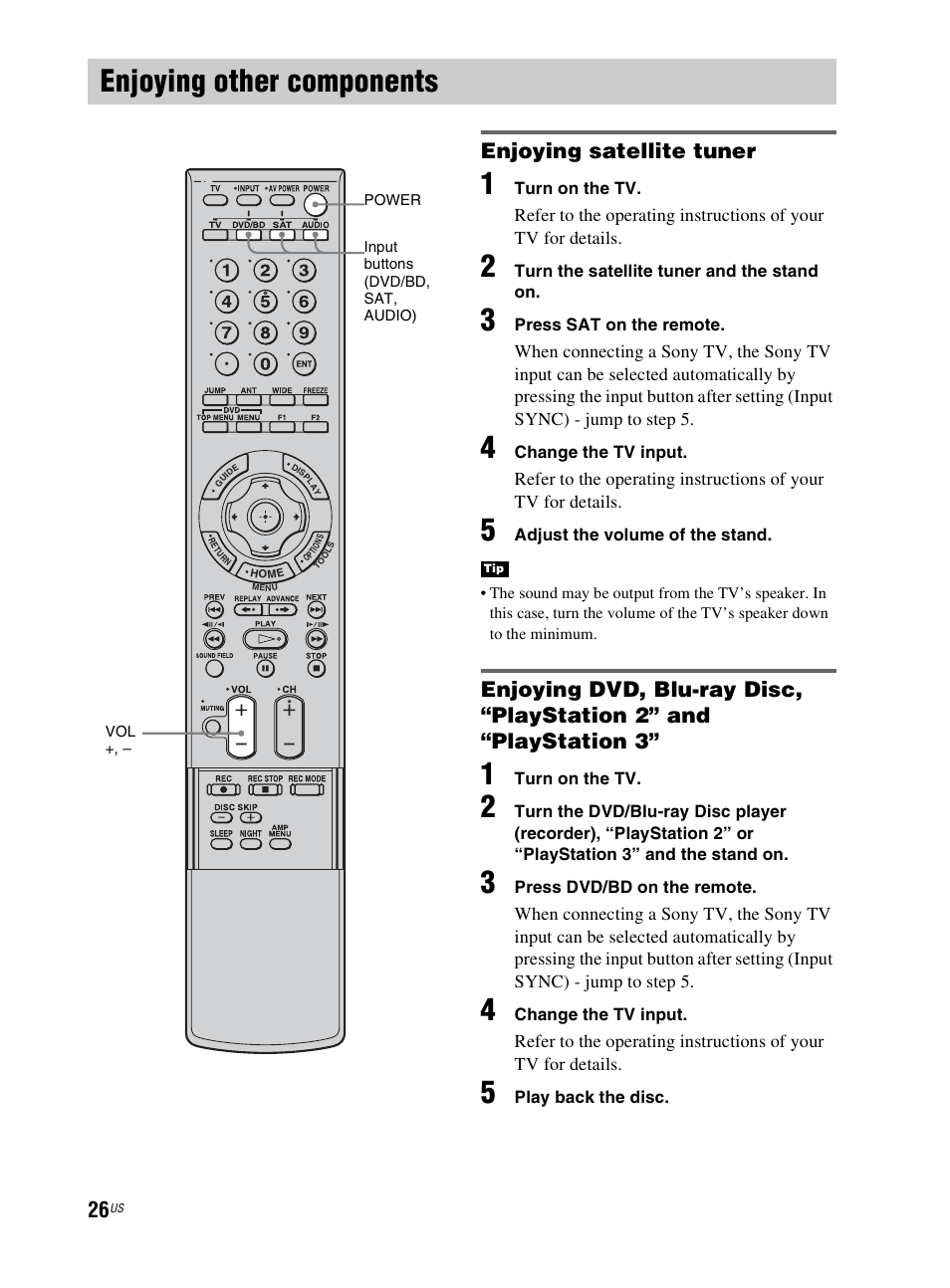 Enjoying other components, Enjoying satellite tuner | Sony RHT-G800 User Manual | Page 26 / 160