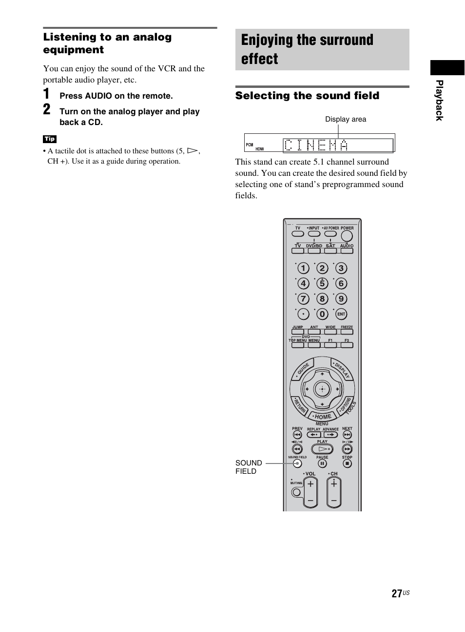 Enjoying the surround effect, Listening to an analog equipment, Selecting the sound field | Pla y b ack, Press audio on the remote, Turn on the analog player and play back a cd | Sony RHT-G800 User Manual | Page 27 / 160