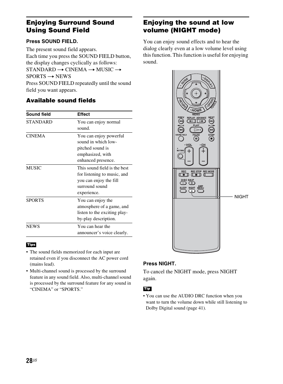 Enjoying surround sound using sound field, Enjoying the sound at low volume (night mode), Available sound fields | Press sound field, Press night | Sony RHT-G800 User Manual | Page 28 / 160